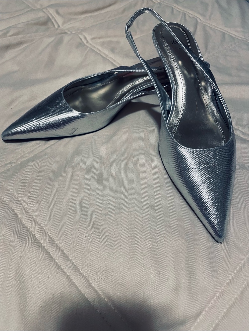 Zara Shimmery Silver Pointed Slingback Heels